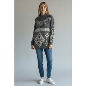 Vintage Santoria Sweater Women's Silk Angora Wool Gray Western Beaded Medium